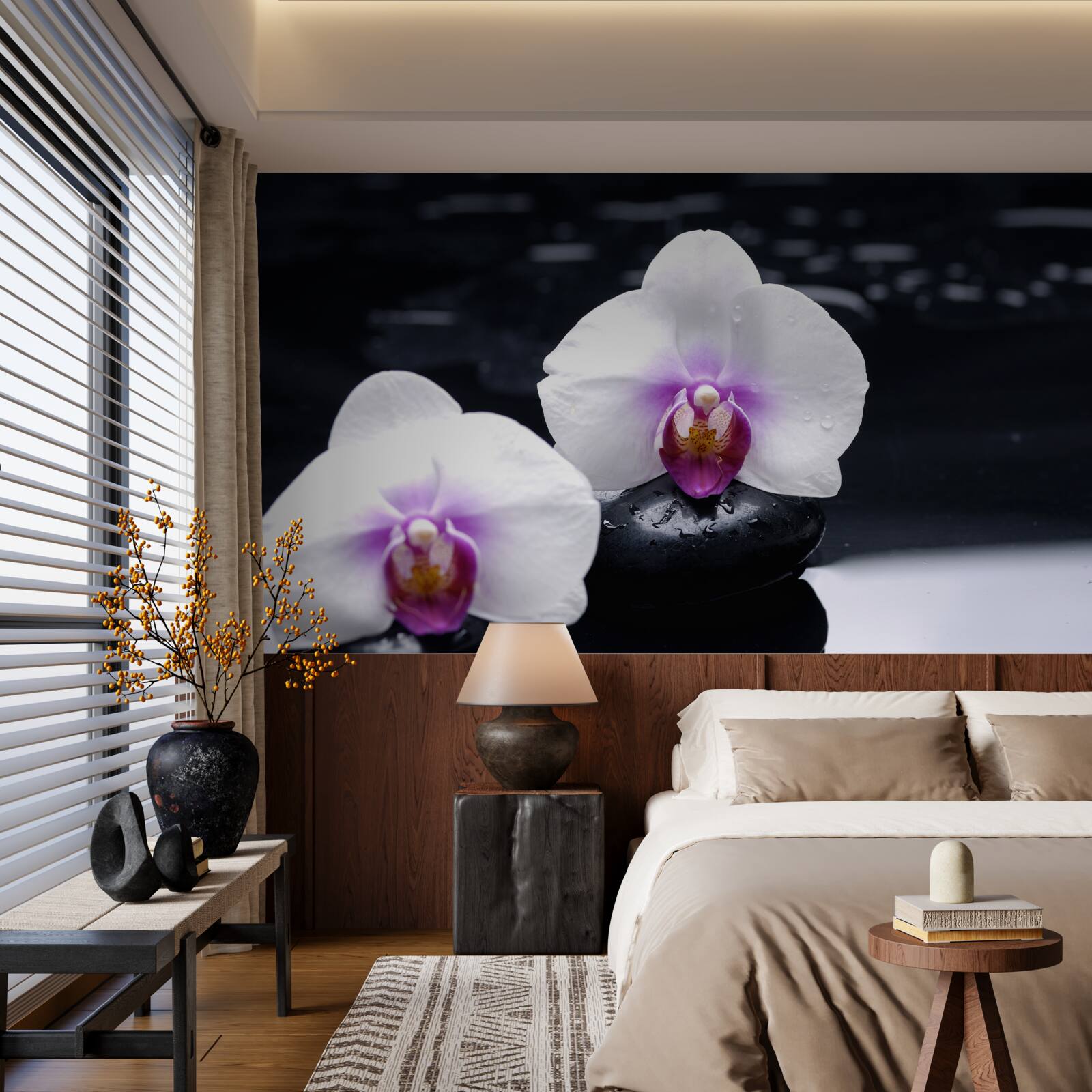 Fototapeta Snehobiela orchidea umiestnená na čiernych blokoch