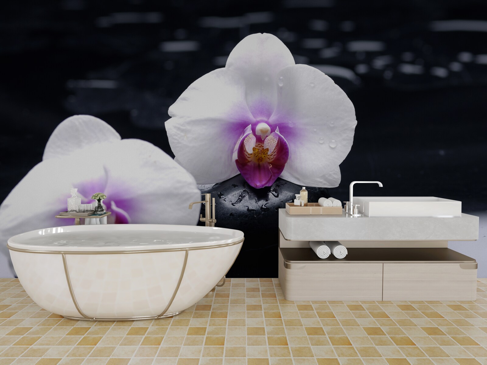 Fototapeta Snehobiela orchidea umiestnená na čiernych blokoch