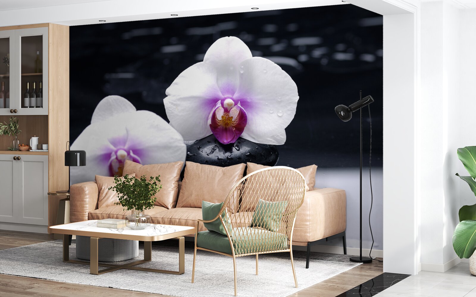 Fototapeta Snehobiela orchidea umiestnená na čiernych blokoch