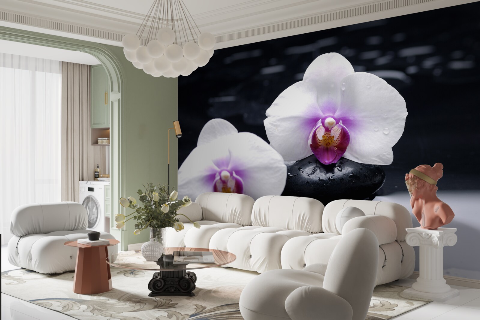 Fototapeta Snehobiela orchidea umiestnená na čiernych blokoch