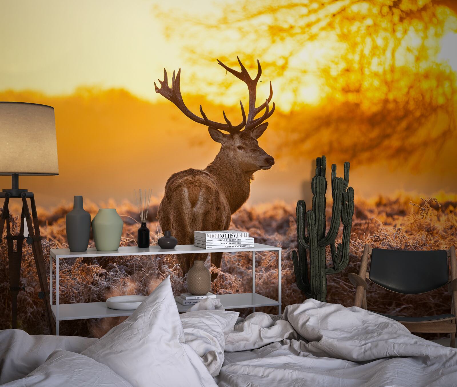 Fototapeta elegantný jeleň sprevádza úsvit na rozľahlom poli