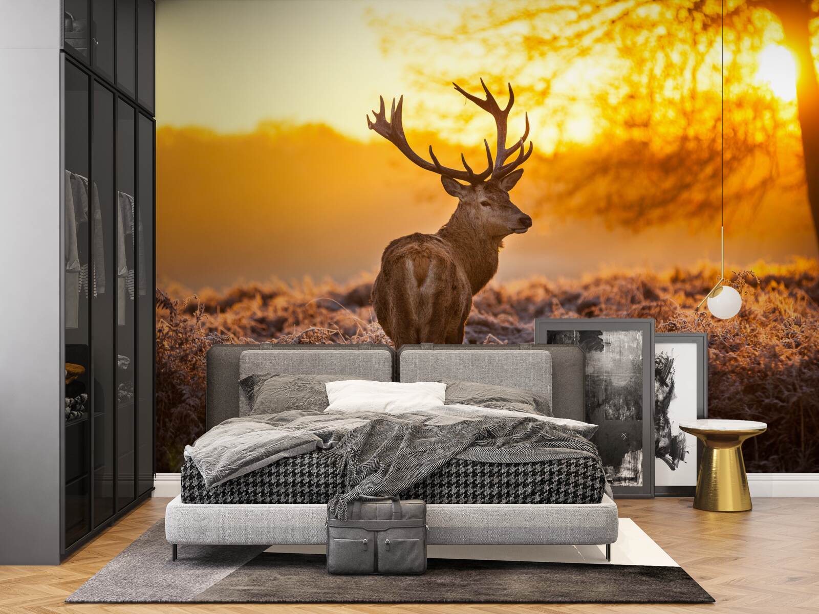 Fototapeta elegantný jeleň sprevádza úsvit na rozľahlom poli