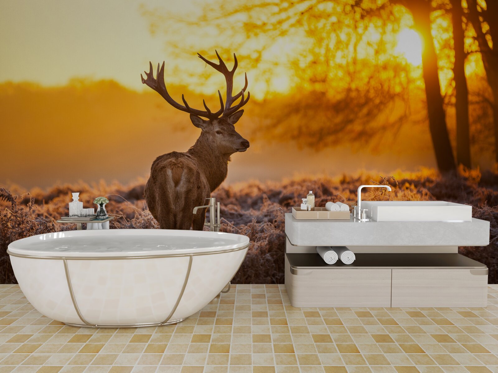 Fototapeta elegantný jeleň sprevádza úsvit na rozľahlom poli