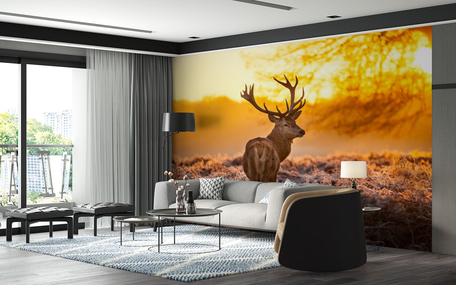 Fototapeta elegantný jeleň sprevádza úsvit na rozľahlom poli