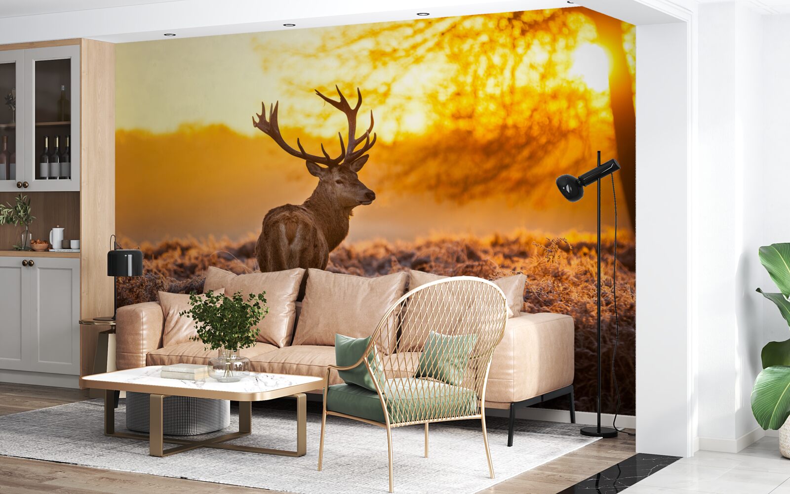 Fototapeta elegantný jeleň sprevádza úsvit na rozľahlom poli