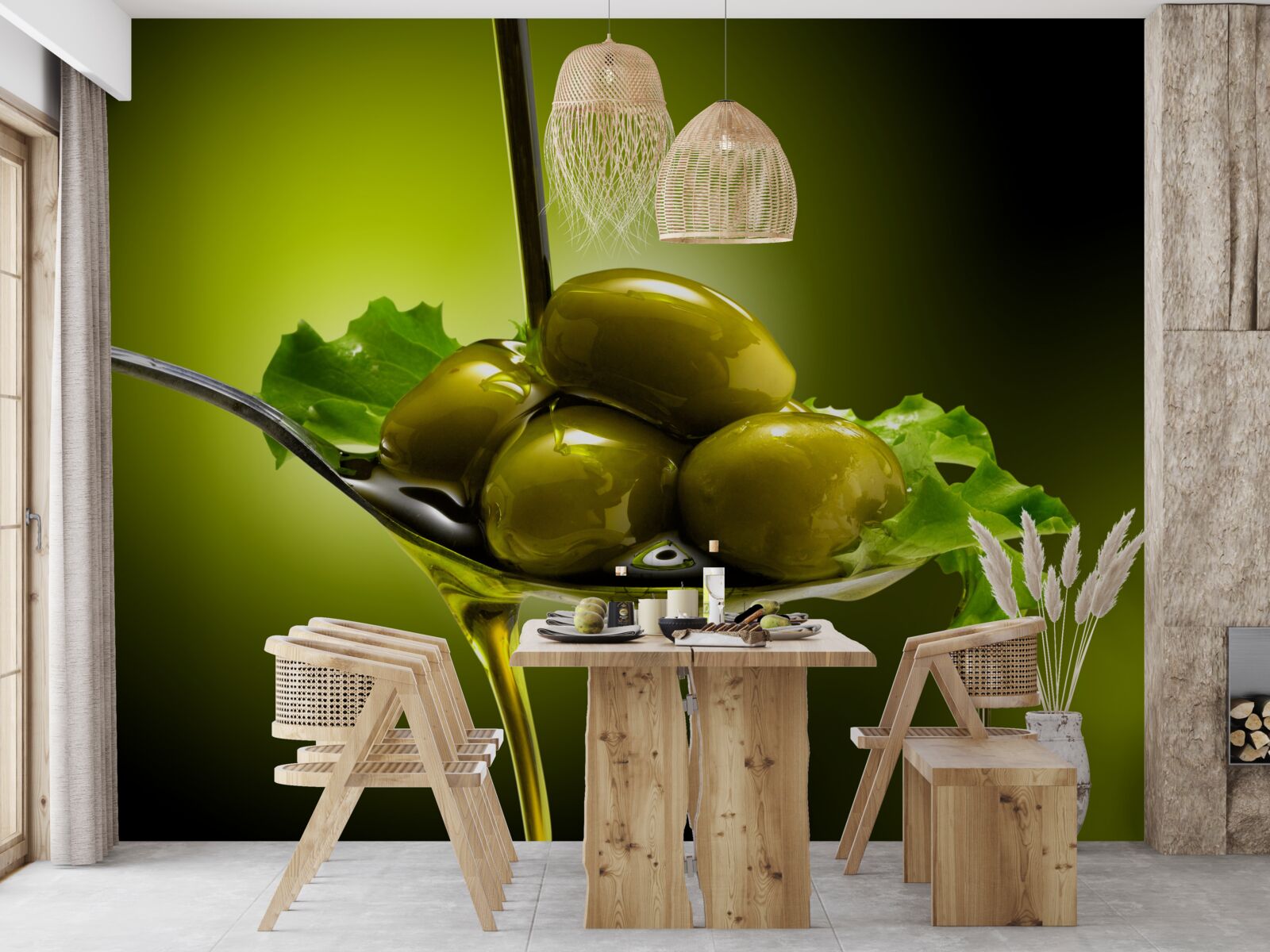 Fototapeta zelené olivy na lyžičke