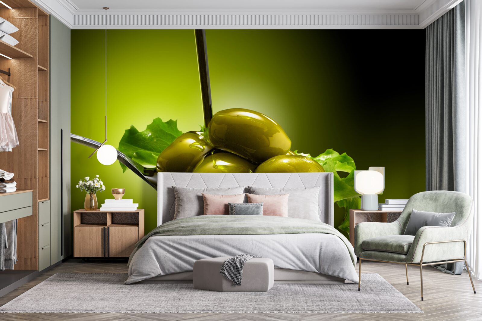 Fototapeta zelené olivy na lyžičke