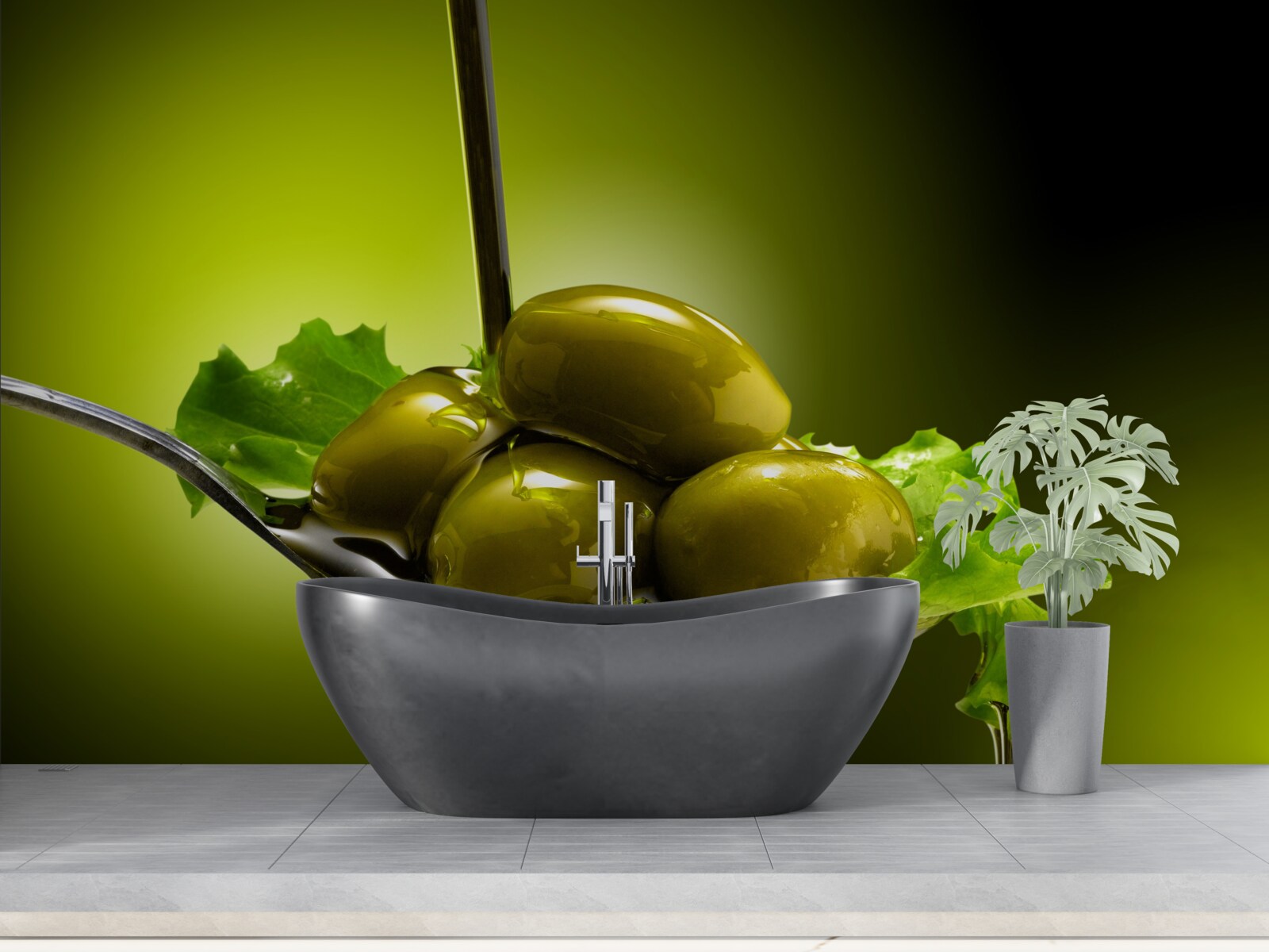 Fototapeta zelené olivy na lyžičke
