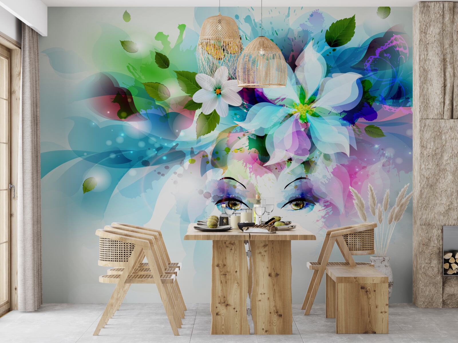 Fototapeta dievča s kvetmi vo vlasoch, čo predstavuje abstrakciu