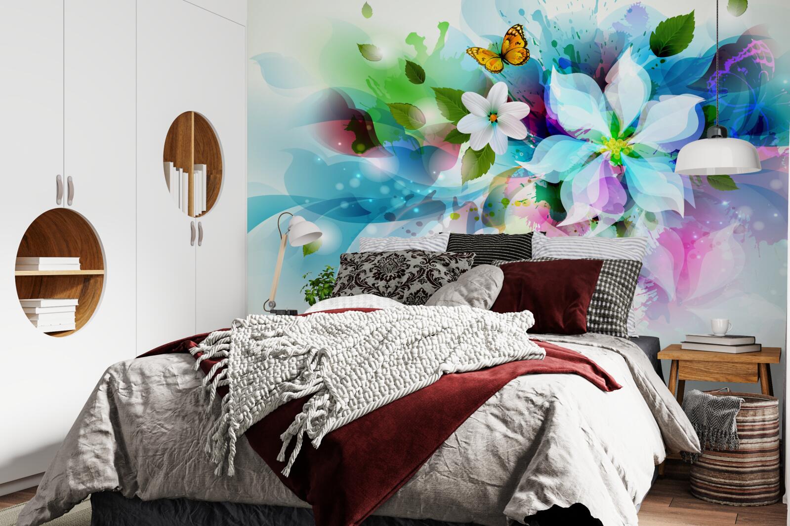 Fototapeta dievča s kvetmi vo vlasoch, čo predstavuje abstrakciu