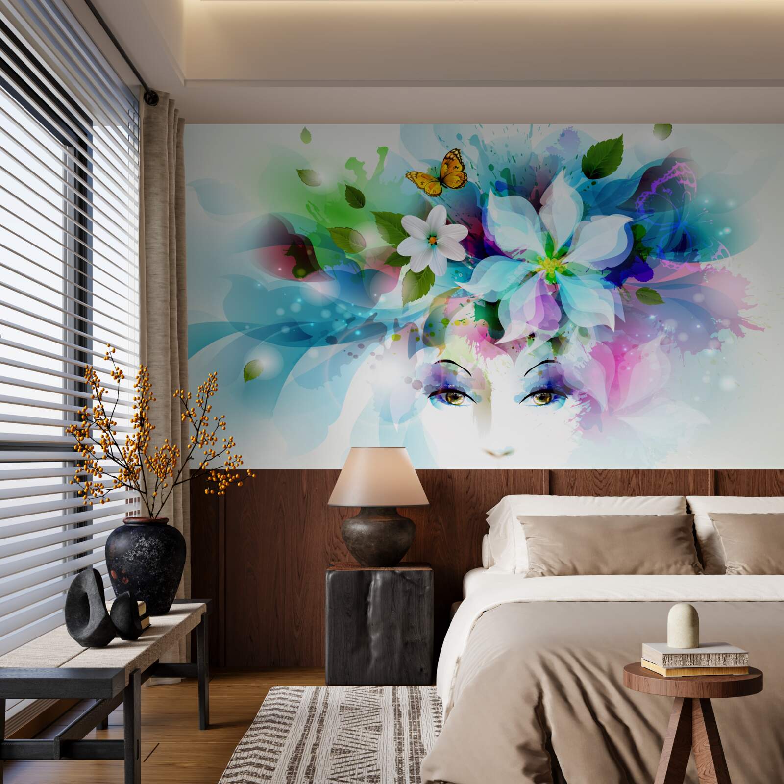 Fototapeta dievča s kvetmi vo vlasoch, čo predstavuje abstrakciu