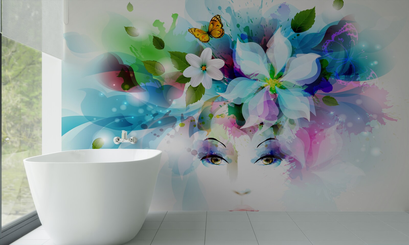 Fototapeta dievča s kvetmi vo vlasoch, čo predstavuje abstrakciu