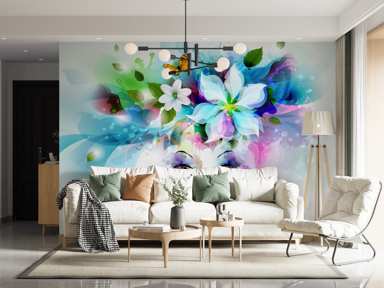 Fototapeta dievča s kvetmi vo vlasoch, čo predstavuje abstrakciu