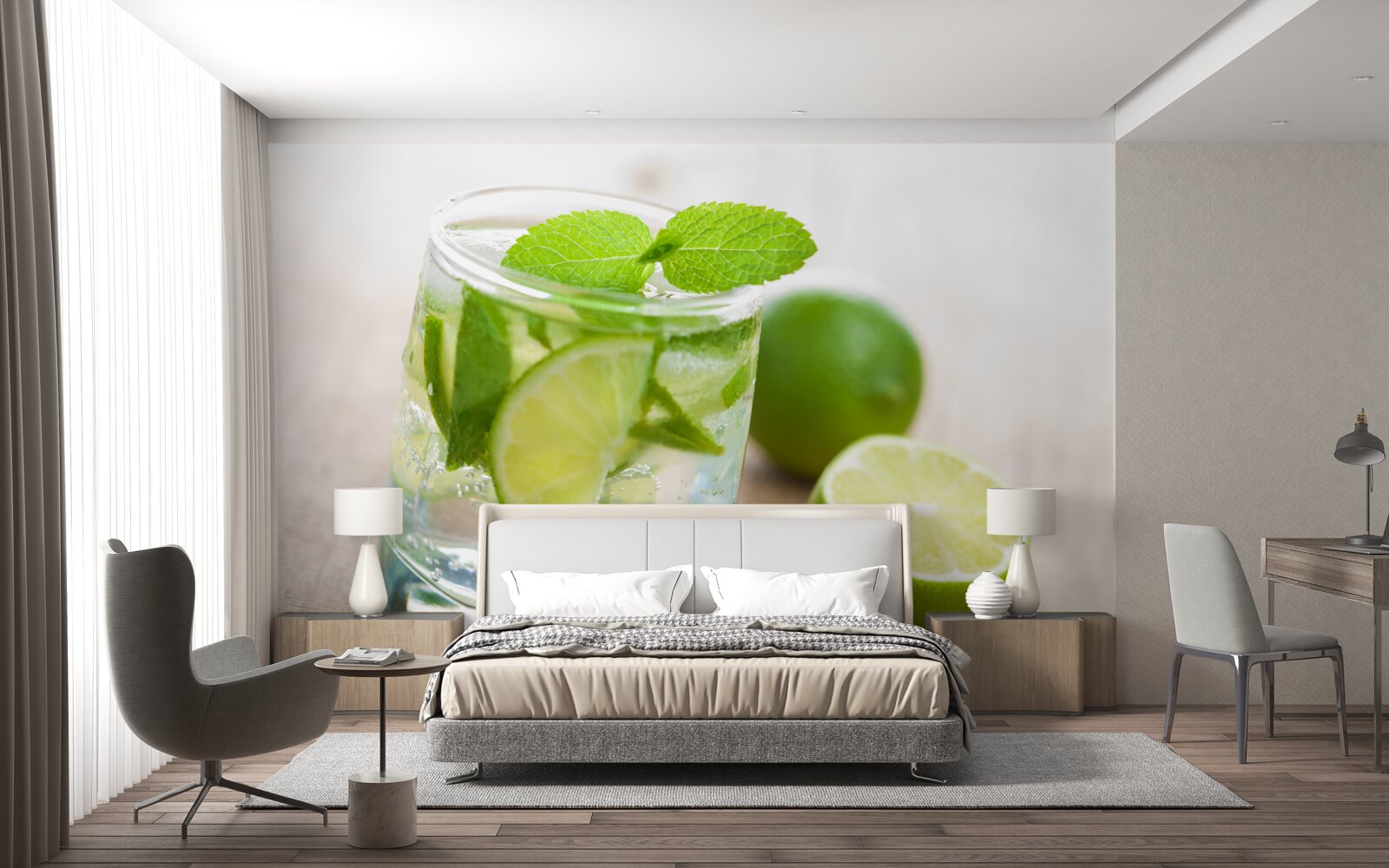 Fototapeta pohár vody s limetkou a mätou