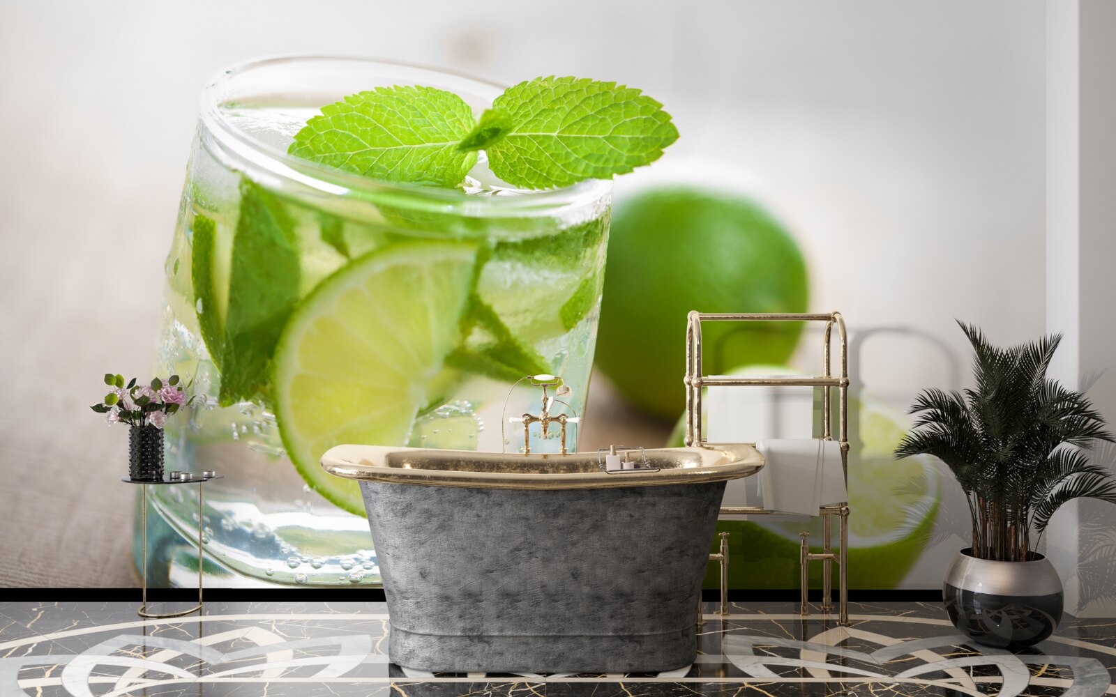 Fototapeta pohár vody s limetkou a mätou