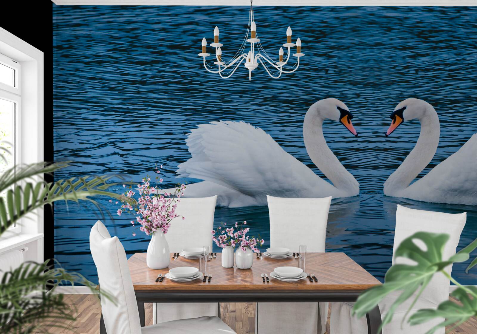 Fototapeta pár labutí na vodnej hladine vytvára idylický rodinný obraz