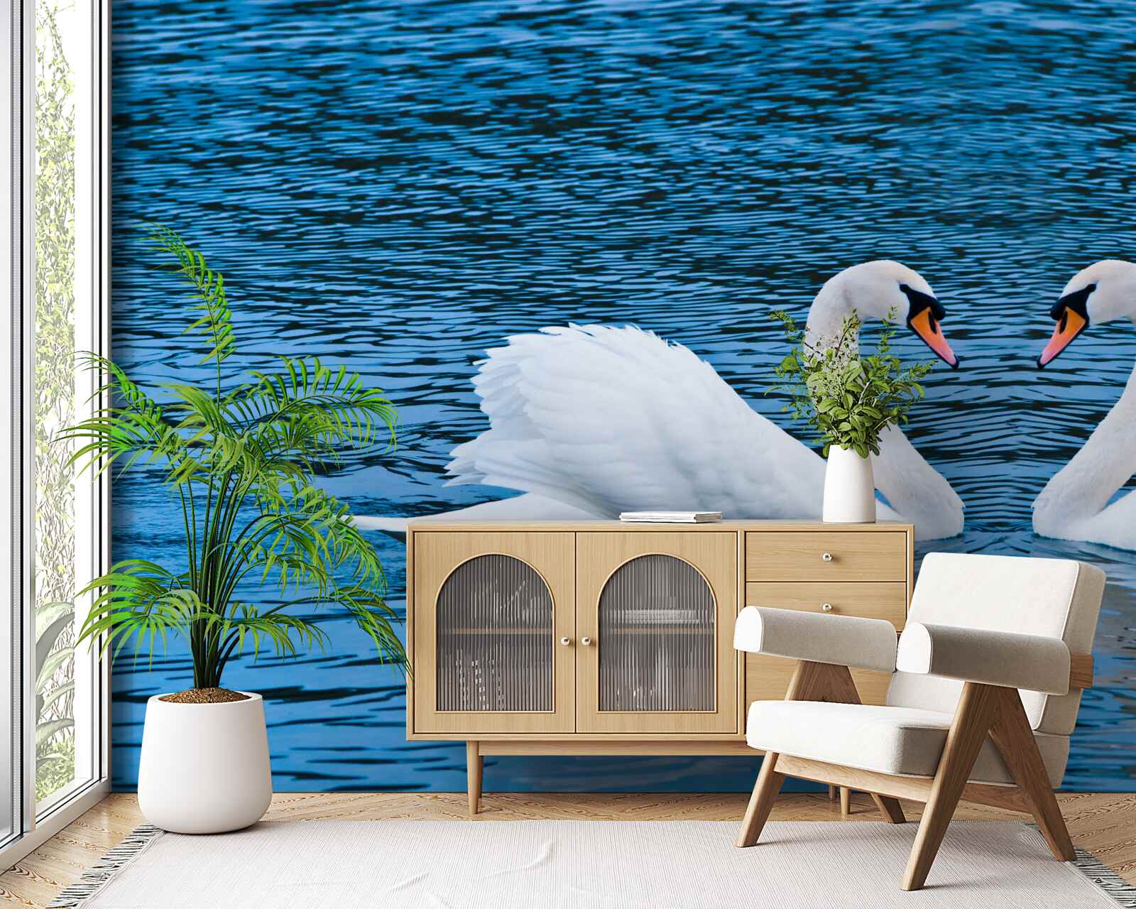 Fototapeta pár labutí na vodnej hladine vytvára idylický rodinný obraz