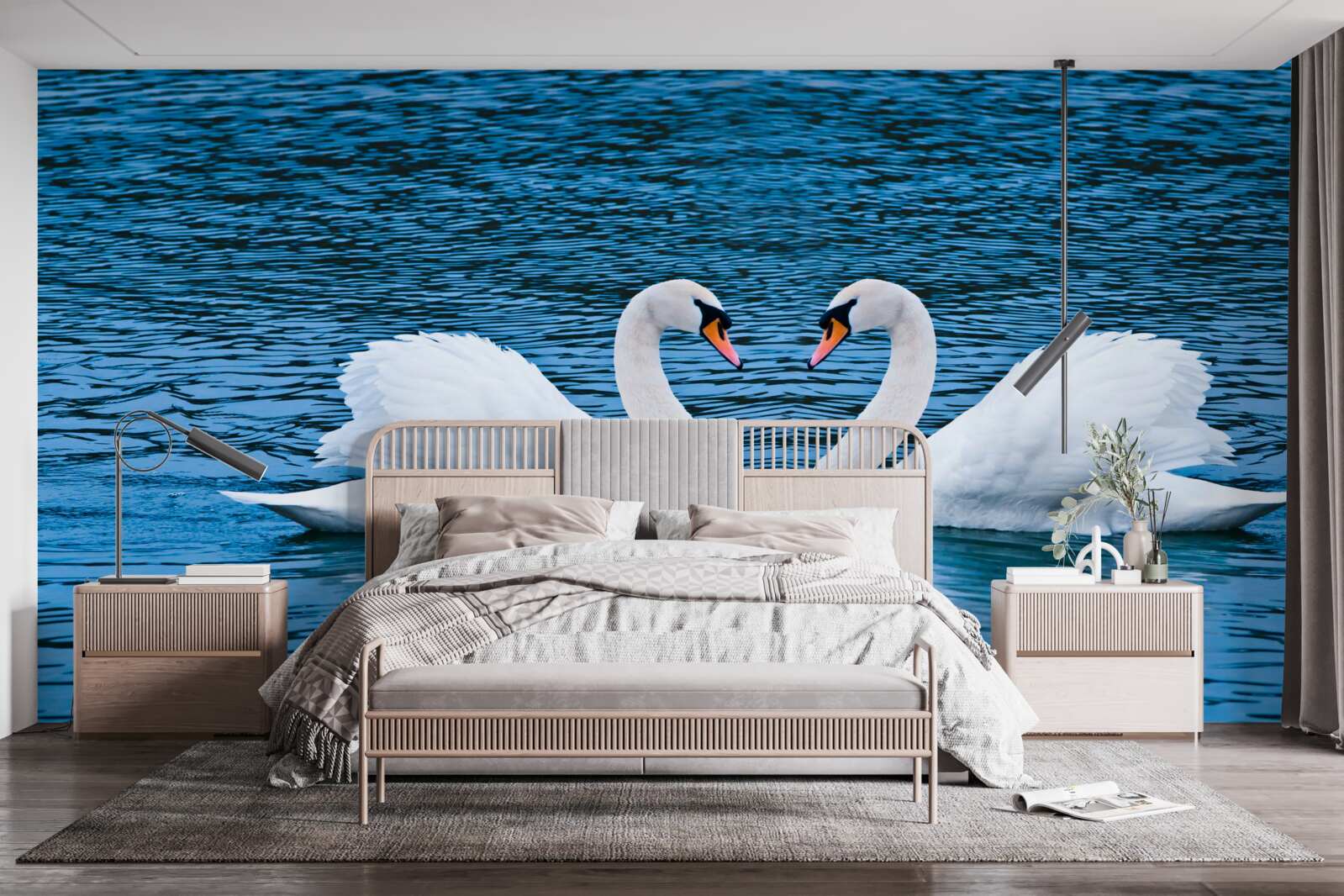 Fototapeta pár labutí na vodnej hladine vytvára idylický rodinný obraz