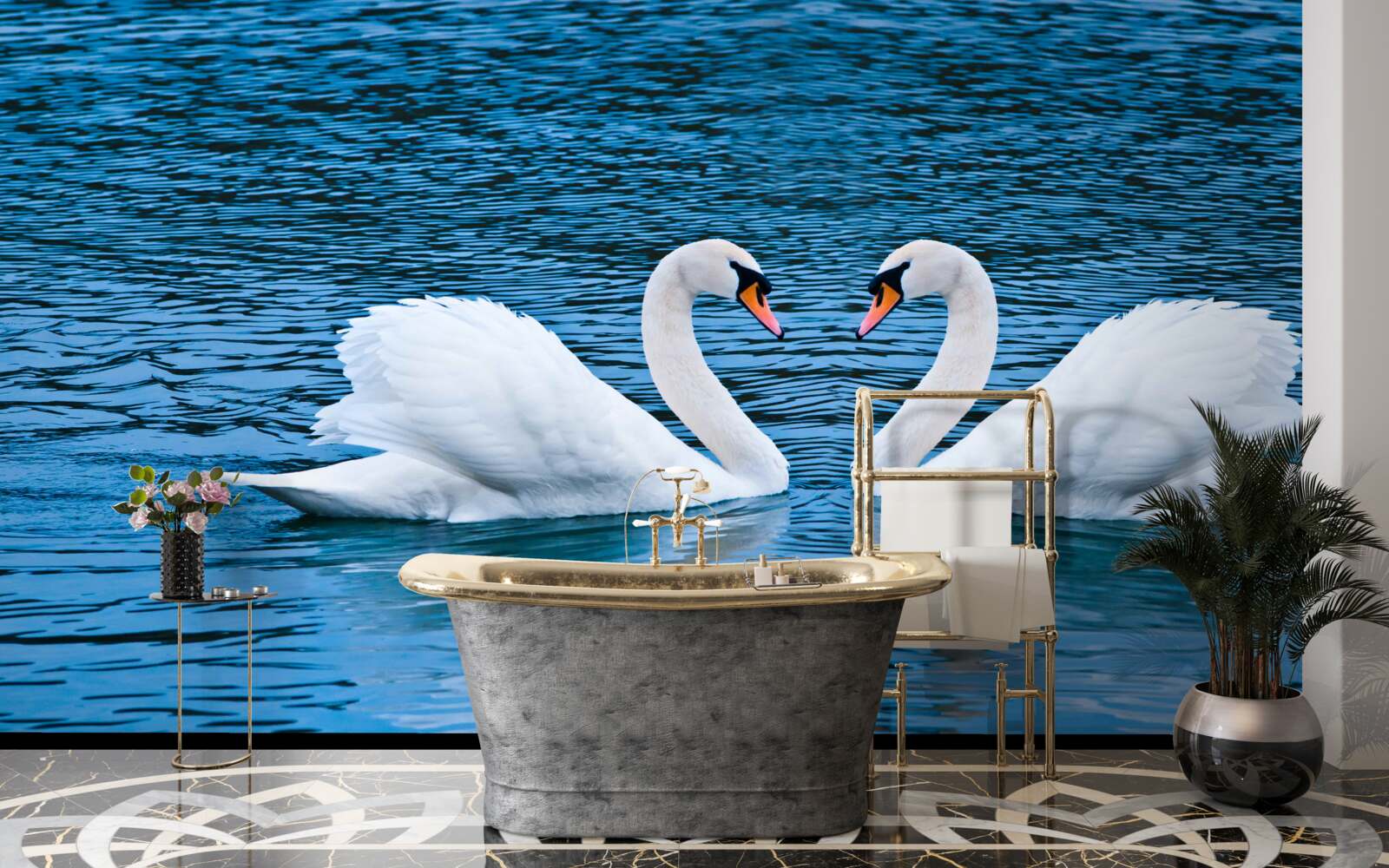 Fototapeta pár labutí na vodnej hladine vytvára idylický rodinný obraz