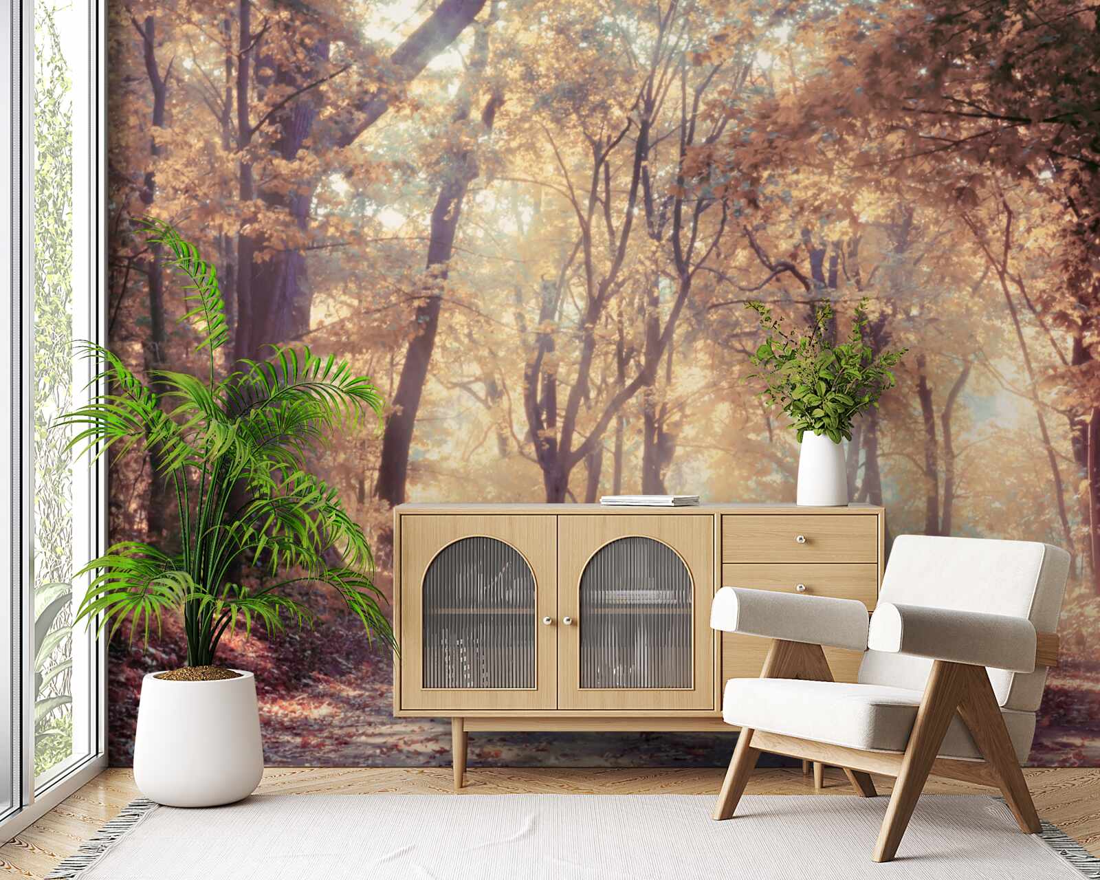 Fototapeta jesenná cesta zahalená svetlou hmlou