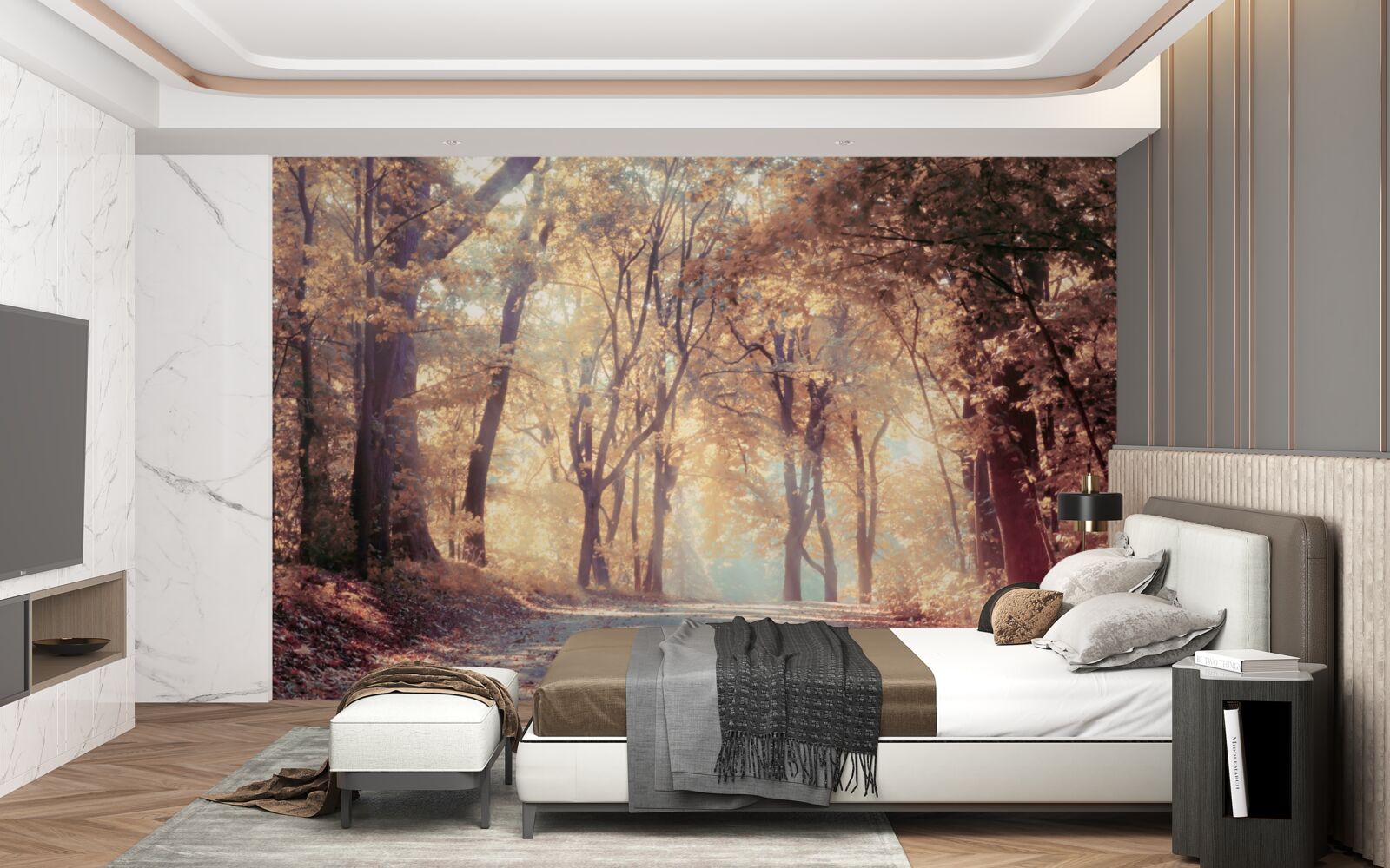 Fototapeta jesenná cesta zahalená svetlou hmlou