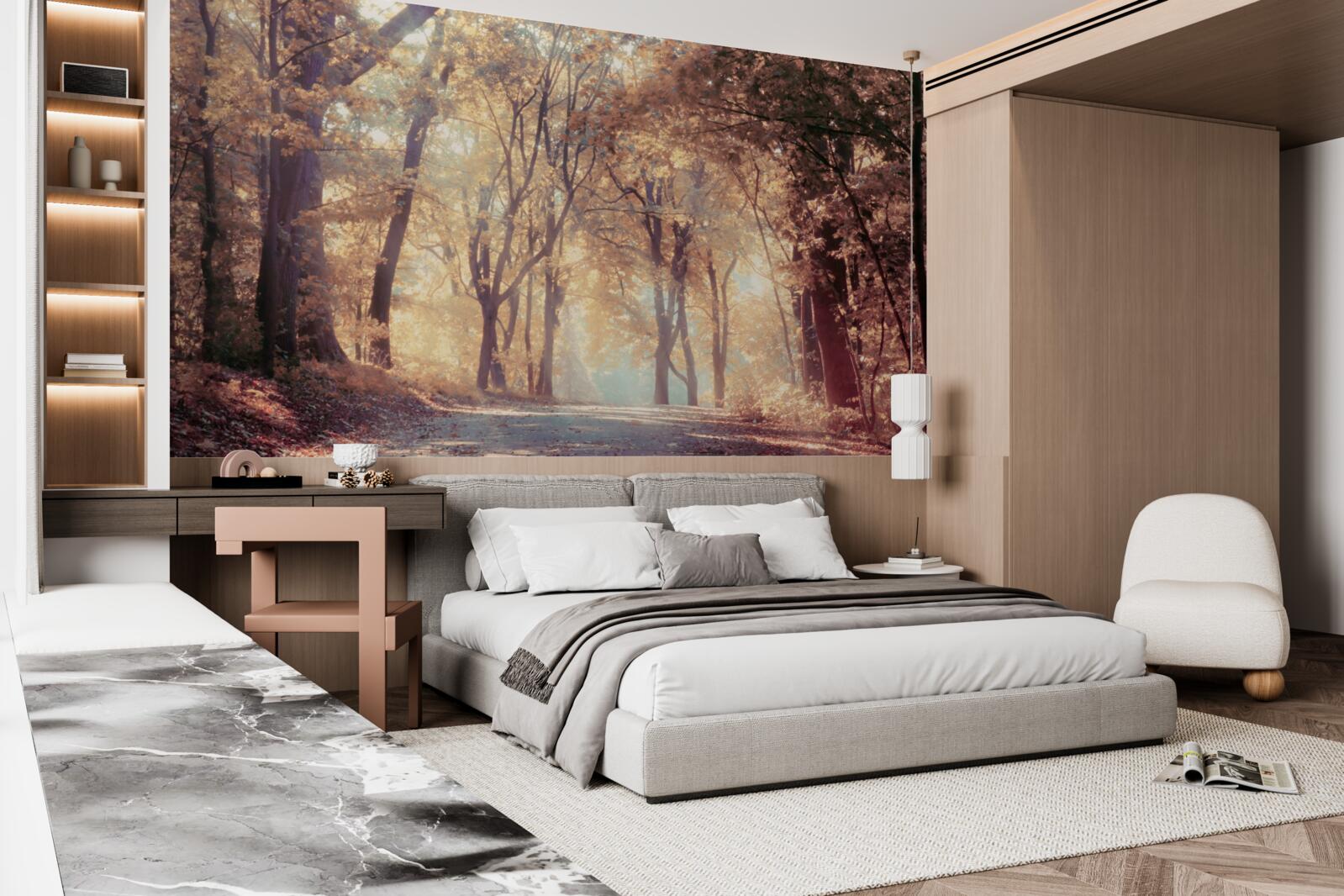 Fototapeta jesenná cesta zahalená svetlou hmlou