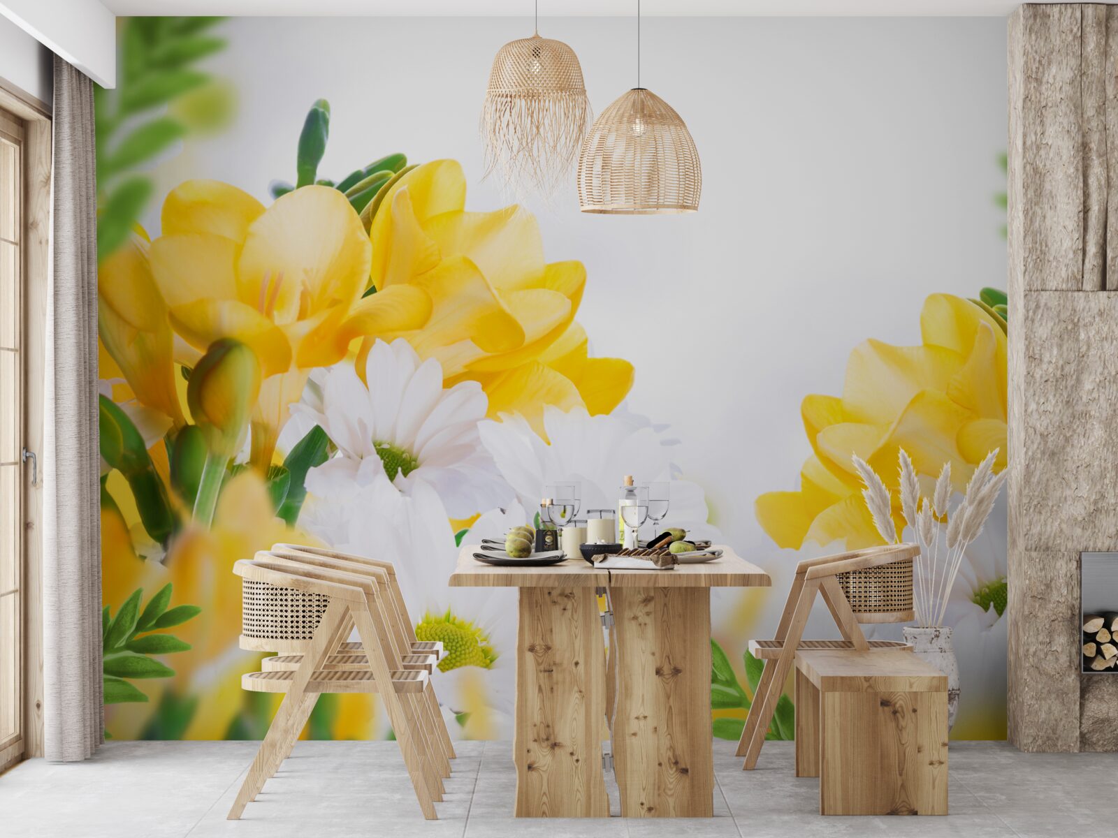 Fototapeta biele sedmokrásky a žlté frézie