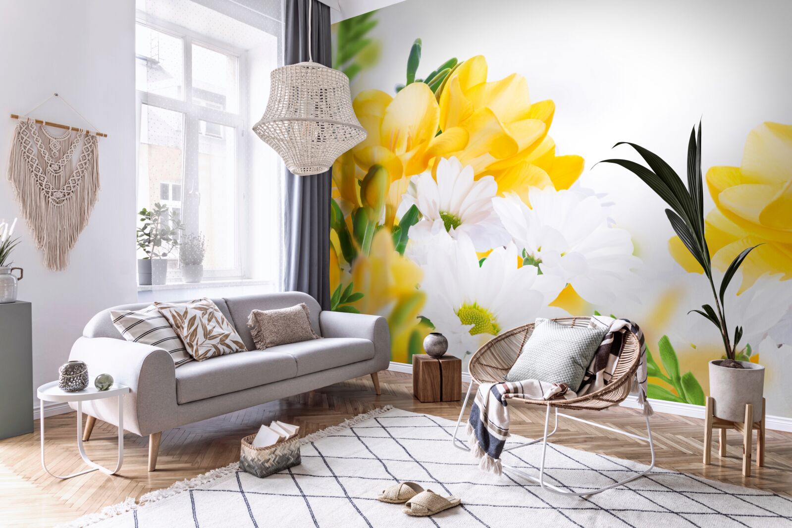 Fototapeta biele sedmokrásky a žlté frézie