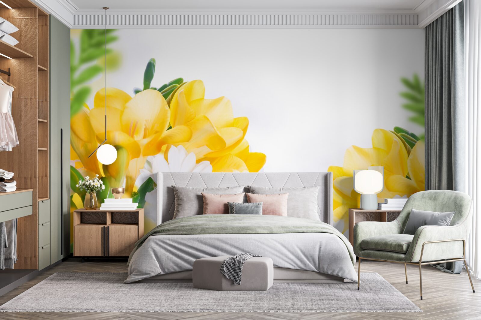 Fototapeta biele sedmokrásky a žlté frézie