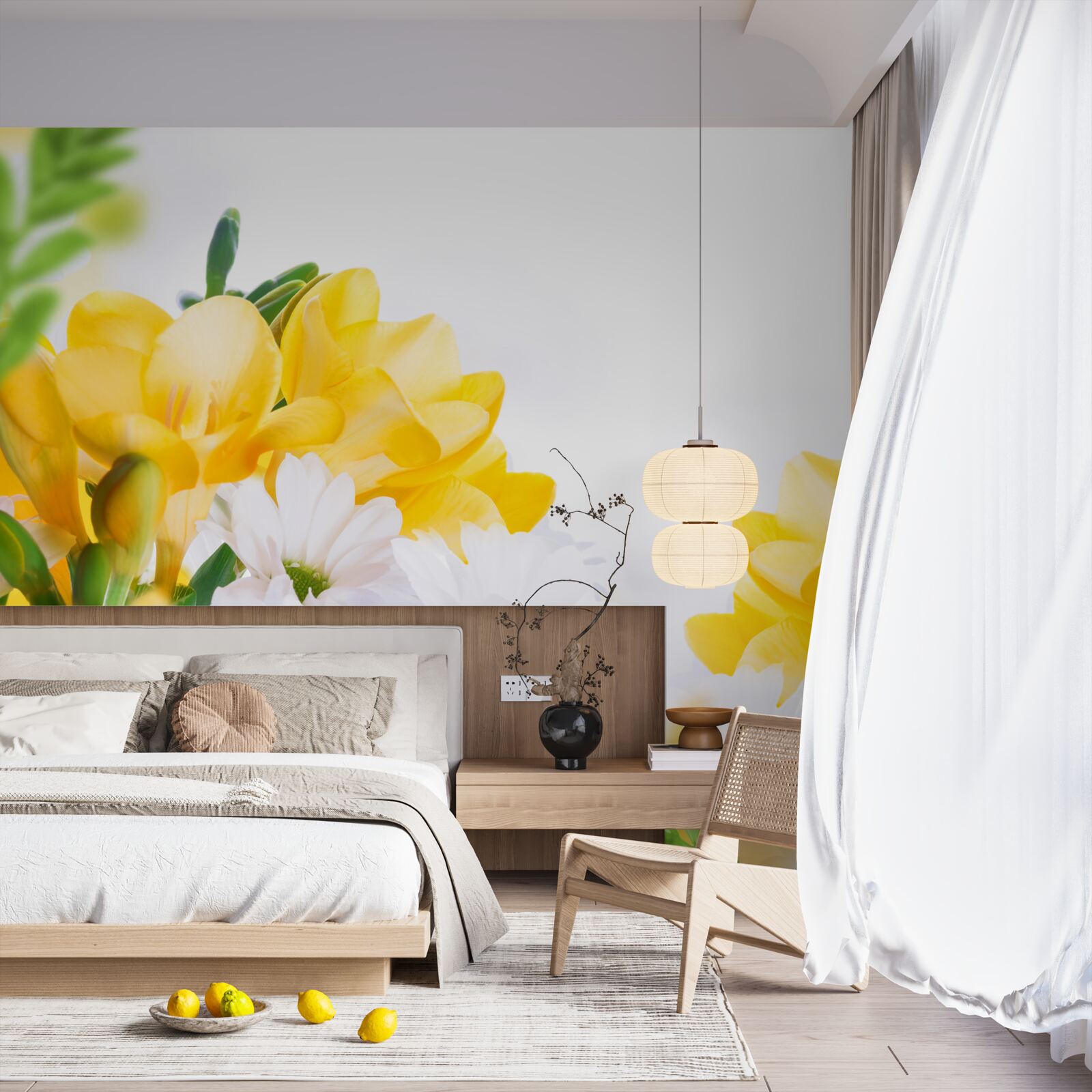 Fototapeta biele sedmokrásky a žlté frézie