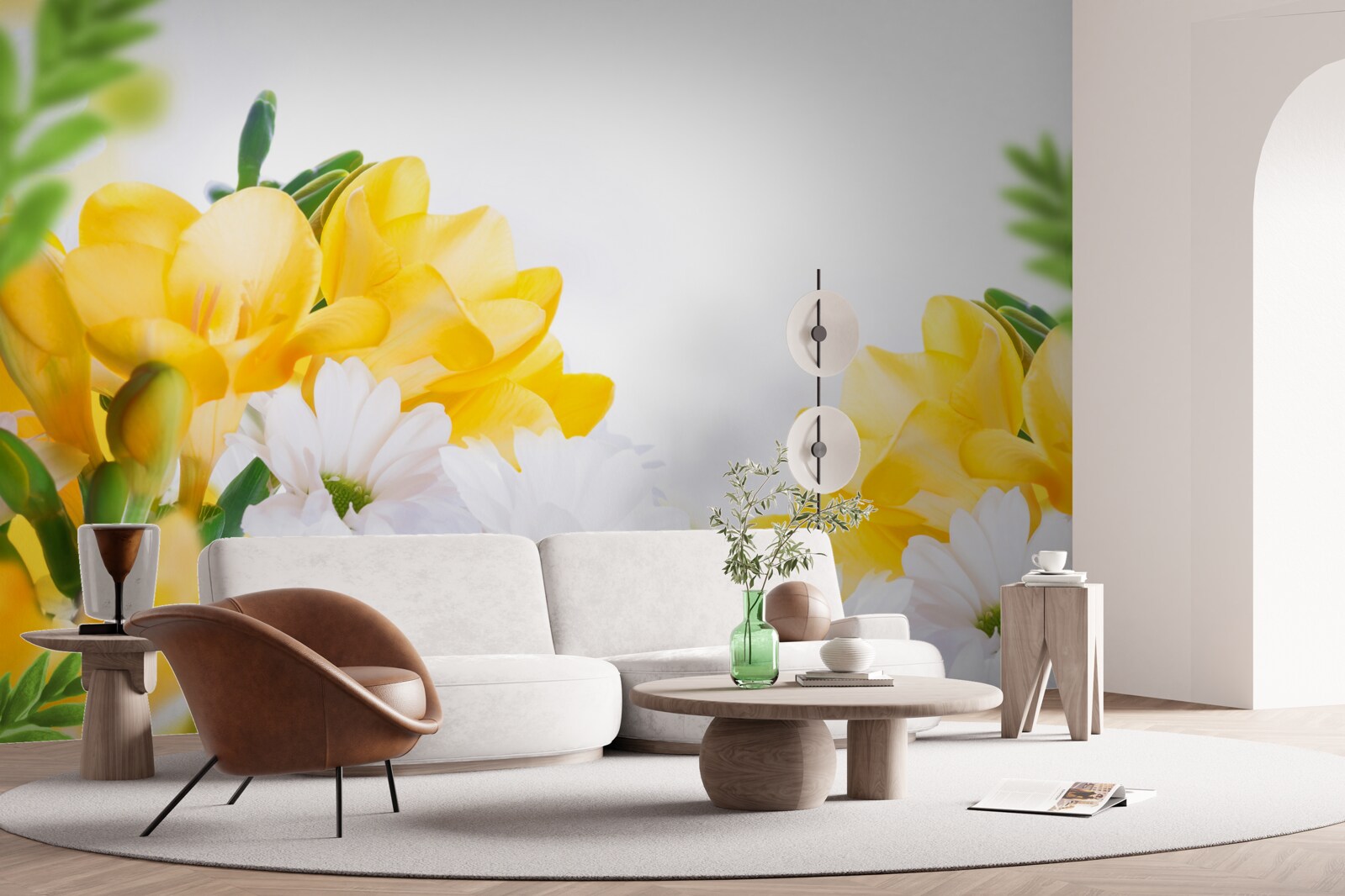 Fototapeta biele sedmokrásky a žlté frézie