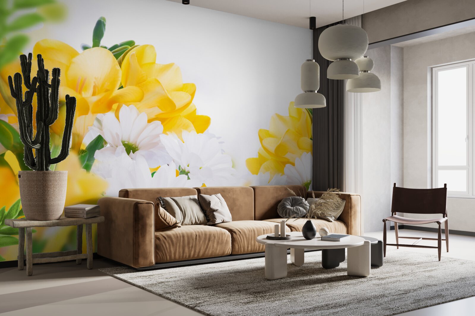 Fototapeta biele sedmokrásky a žlté frézie