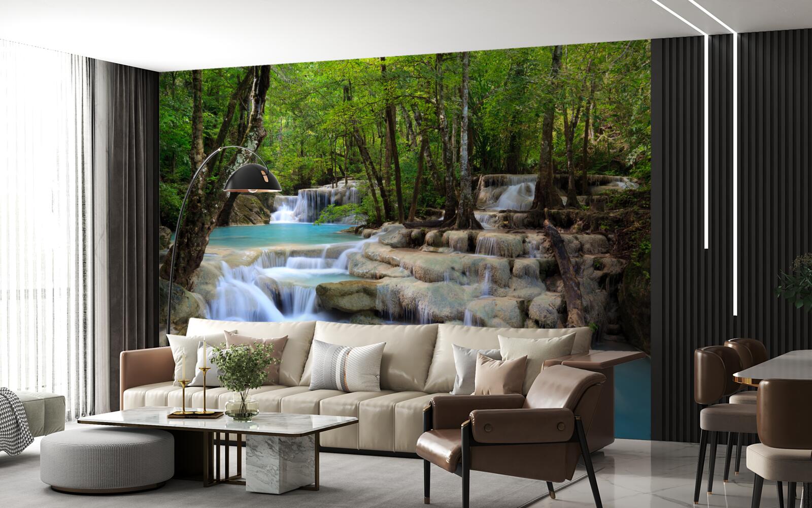 Fototapeta vodopády padajúce do hustého lesa