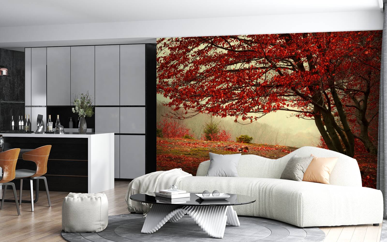 Fototapeta hmlisté ráno jesenného lesa s bordovými odtieňmi