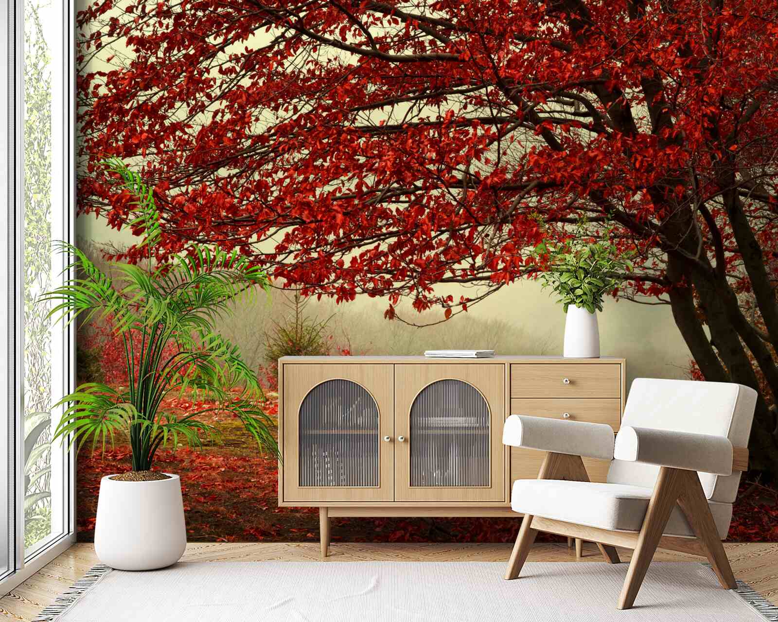 Fototapeta hmlisté ráno jesenného lesa s bordovými odtieňmi