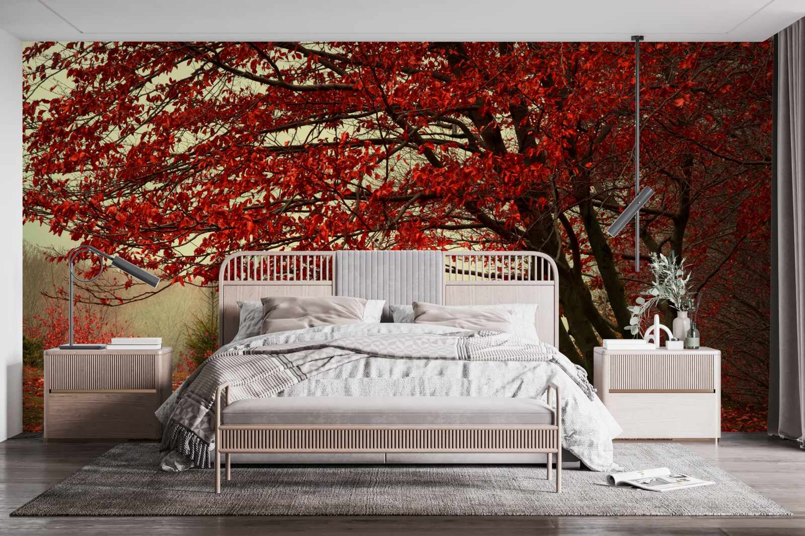 Fototapeta hmlisté ráno jesenného lesa s bordovými odtieňmi