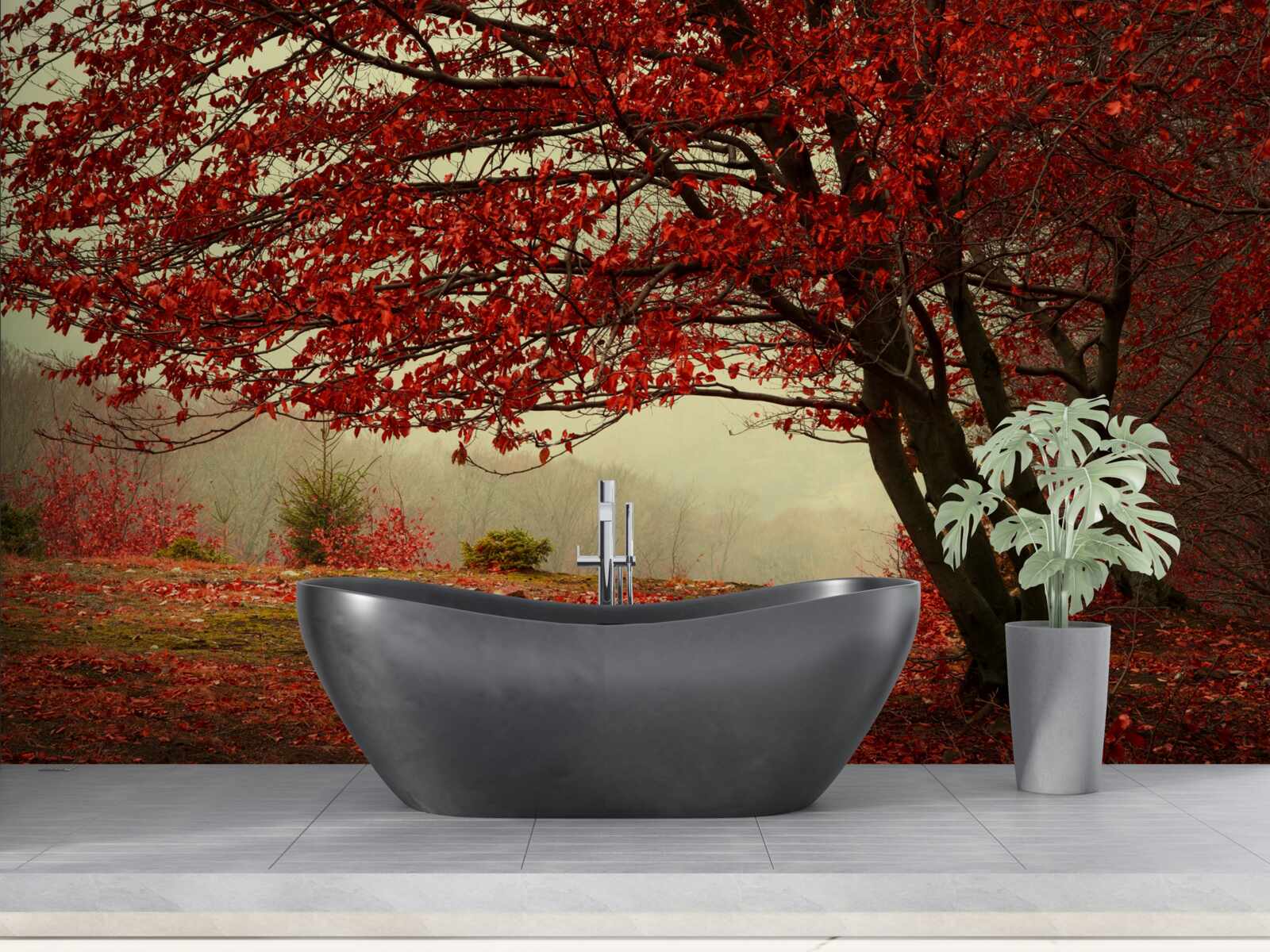 Fototapeta hmlisté ráno jesenného lesa s bordovými odtieňmi