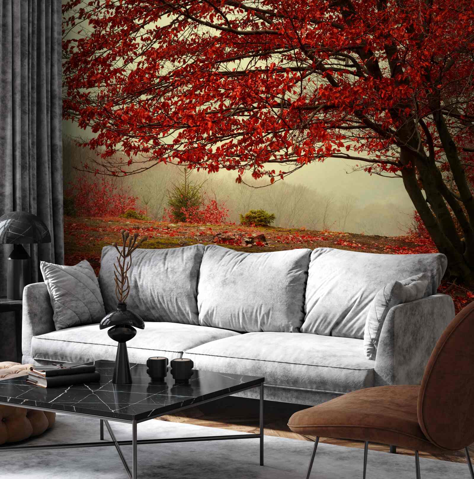 Fototapeta hmlisté ráno jesenného lesa s bordovými odtieňmi