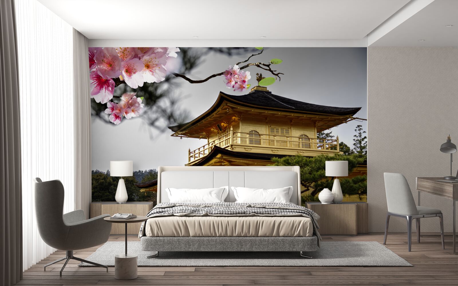 Fototapeta sakura a budhistický kláštor