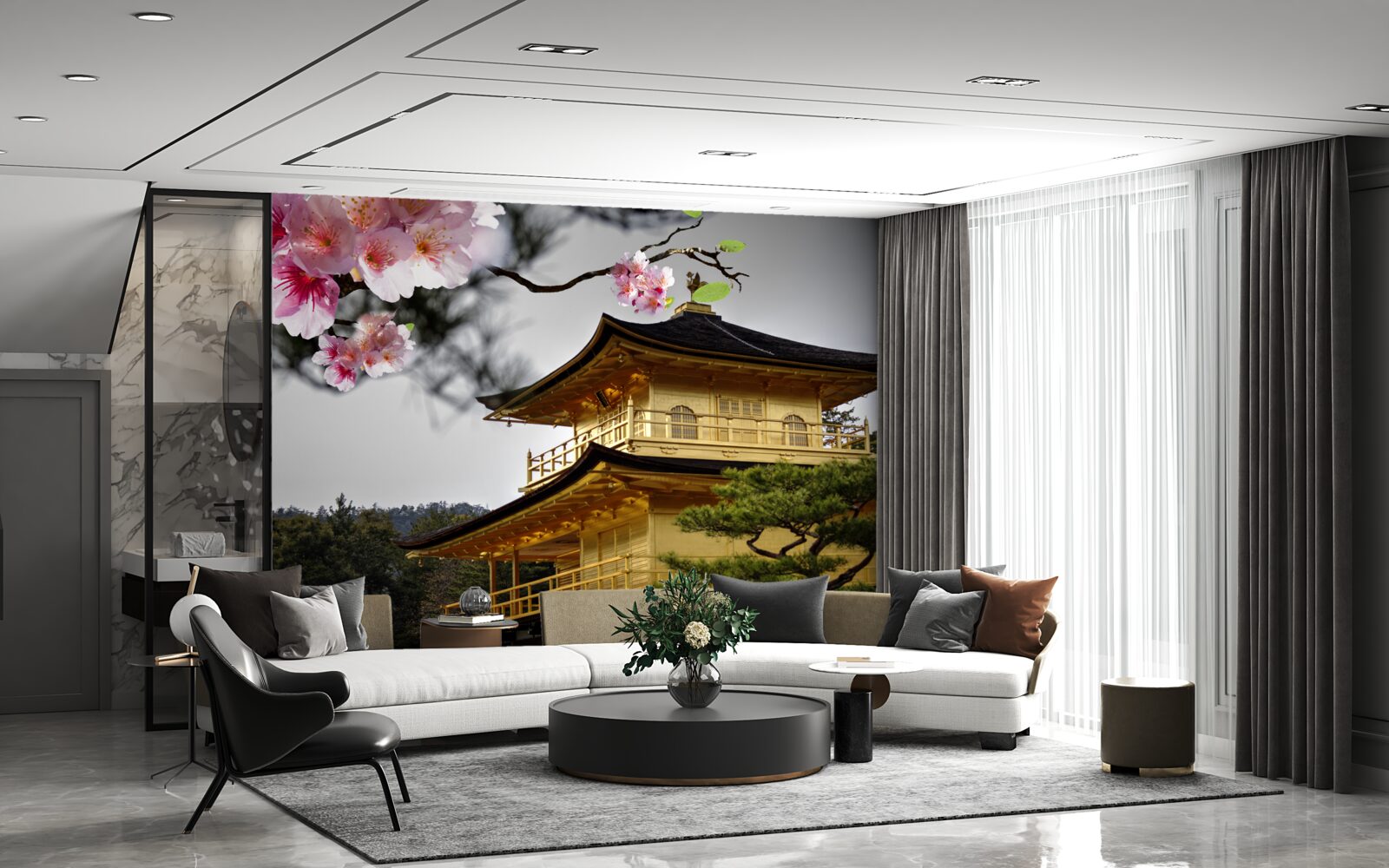 Fototapeta sakura a budhistický kláštor