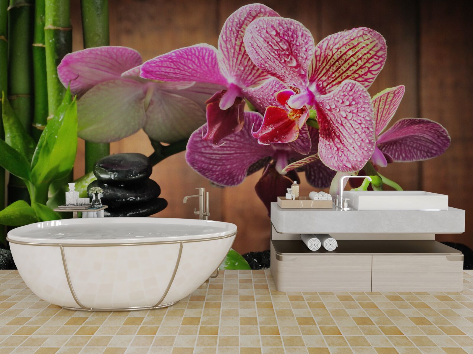 Fototapeta karmínová orchidea medzi kameňmi