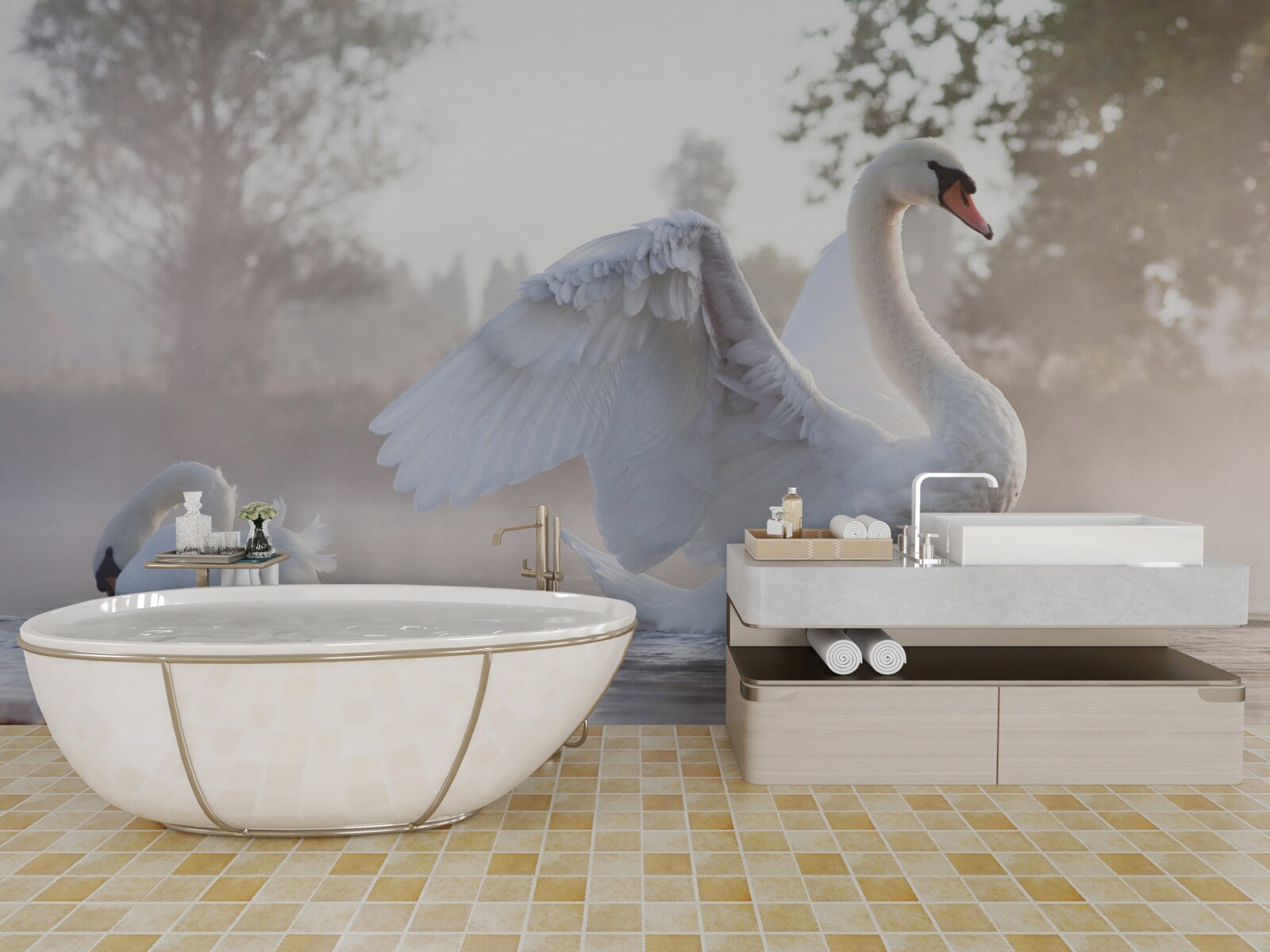 Fototapeta majestátna snehovo biela labuť plávajúca na vode