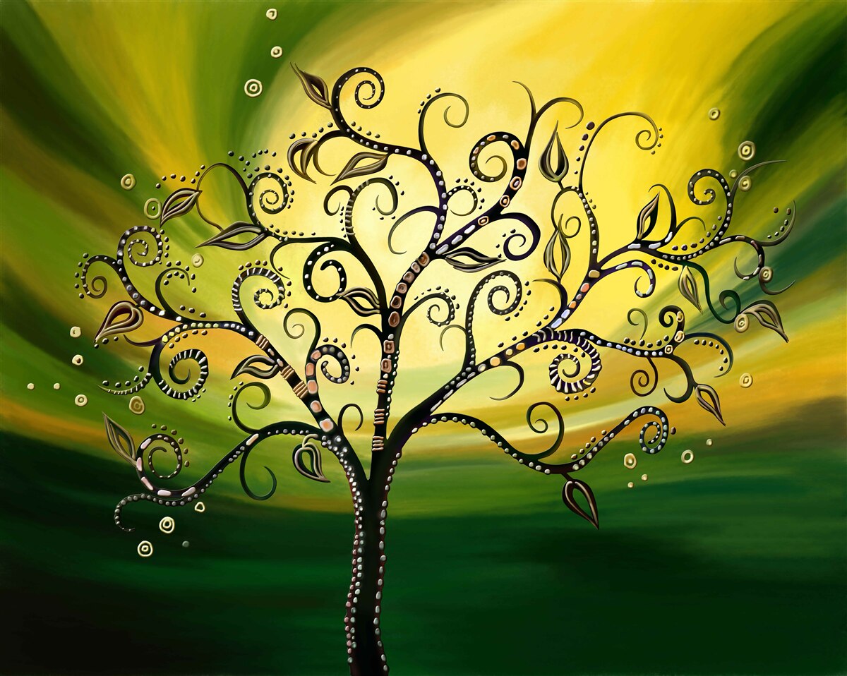 Fototapeta strom so vzormi na pozadí zelenej oblohy pri západe slnka