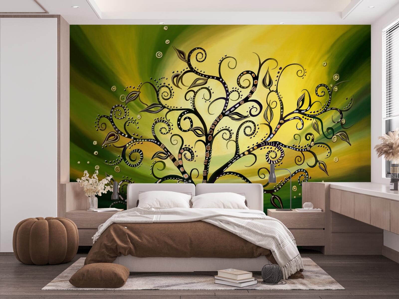 Fototapeta strom so vzormi na pozadí zelenej oblohy pri západe slnka