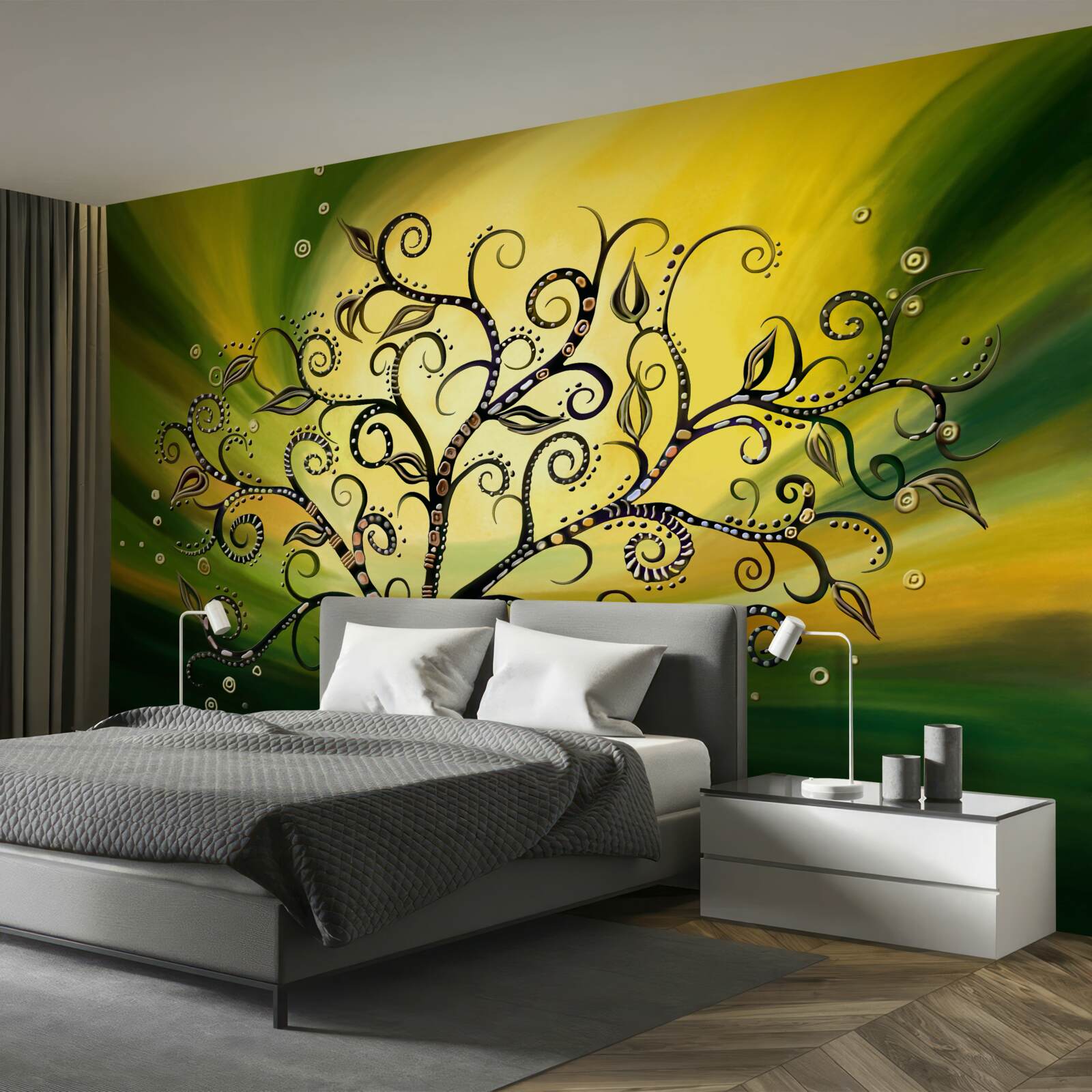 Fototapeta strom so vzormi na pozadí zelenej oblohy pri západe slnka