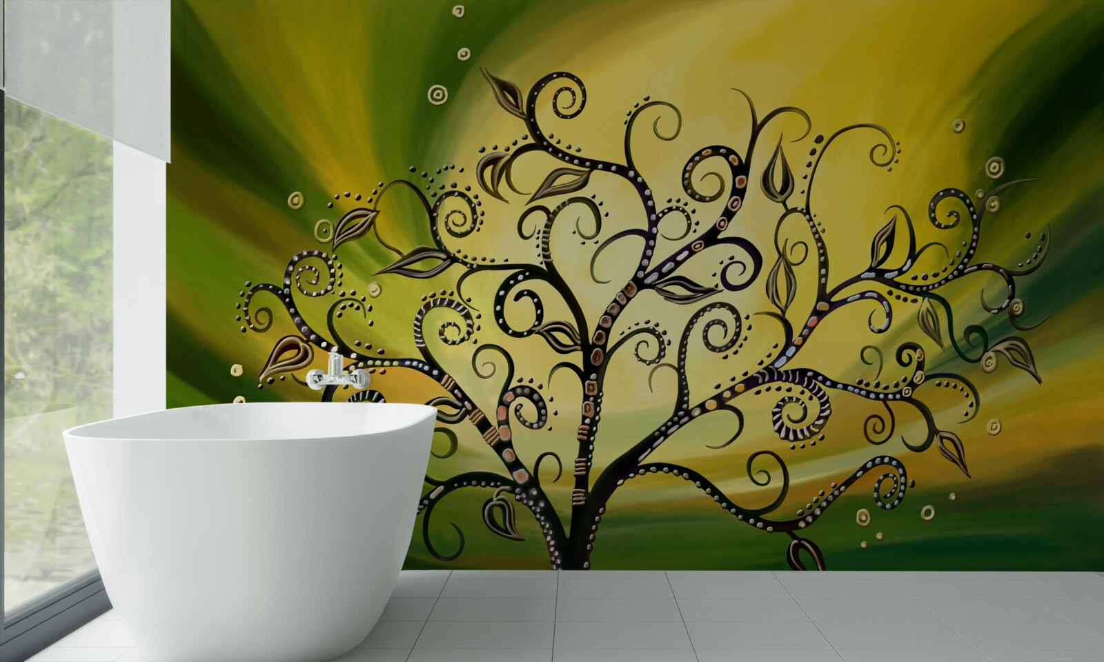 Fototapeta strom so vzormi na pozadí zelenej oblohy pri západe slnka