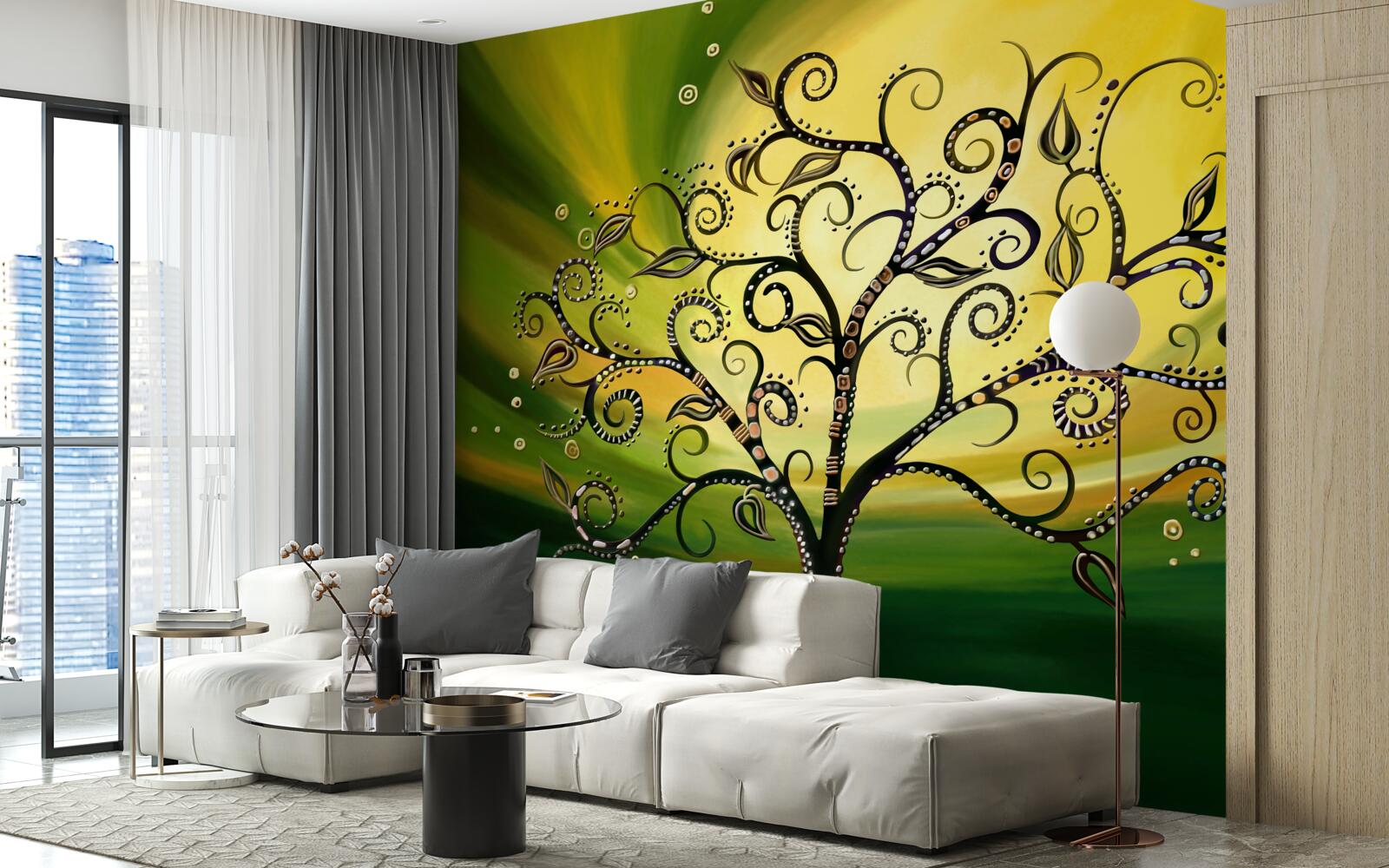 Fototapeta strom so vzormi na pozadí zelenej oblohy pri západe slnka