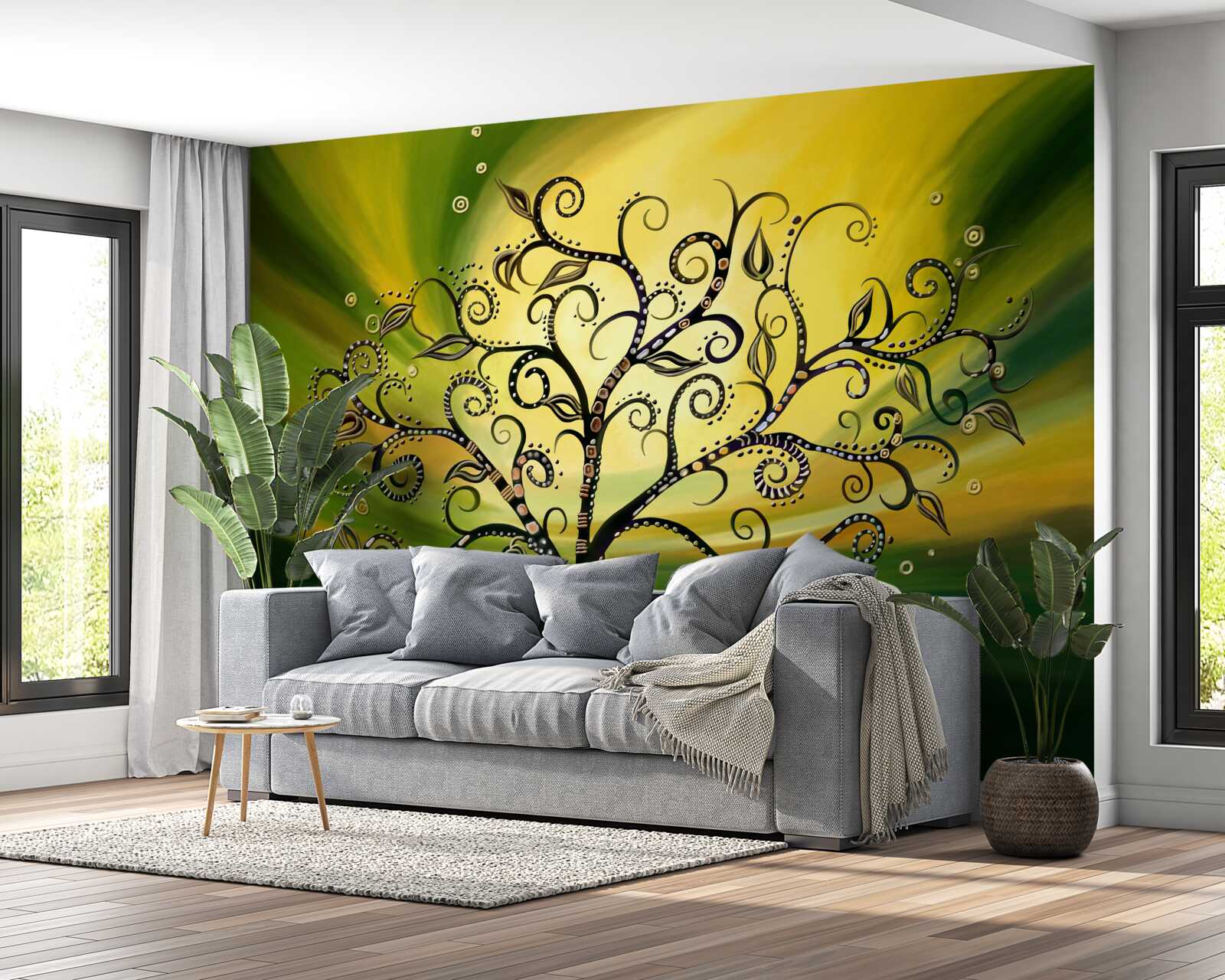 Fototapeta strom so vzormi na pozadí zelenej oblohy pri západe slnka