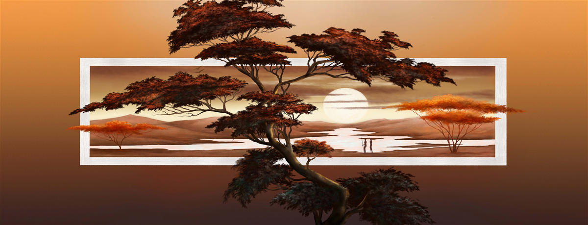 Fototapeta majestátny a svieži strom stojí na pozadí jasného západu slnka