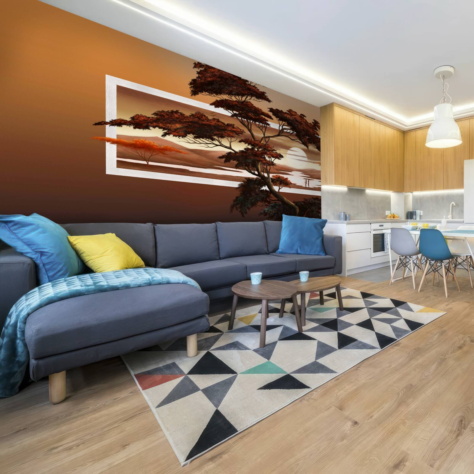 Fototapeta majestátny a svieži strom stojí na pozadí jasného západu slnka